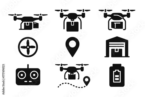 Vector pack compartment quadcopter path cargo icon package tag drone open gps