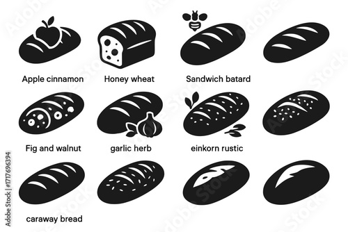 Basil loaf vector batard icons fig bread caraway wheat icon rustic