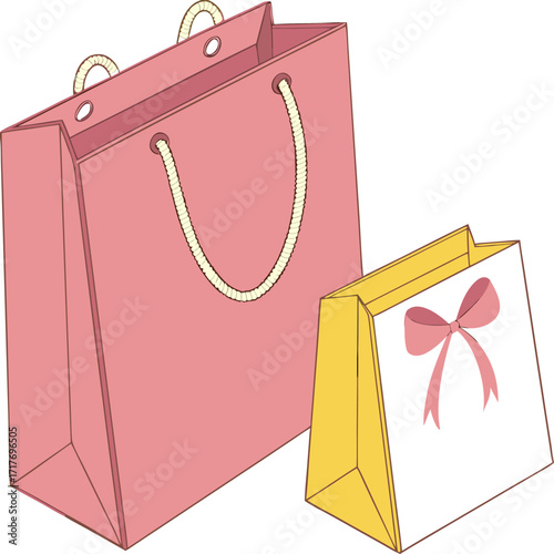 Stylish 3D mockup illustration of gift bags with handles, festive bow, and blank card, isolated without background.