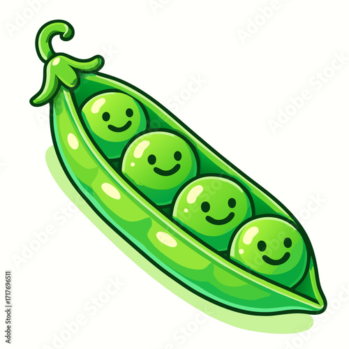 A green pea pod containing four peas with happy faces.