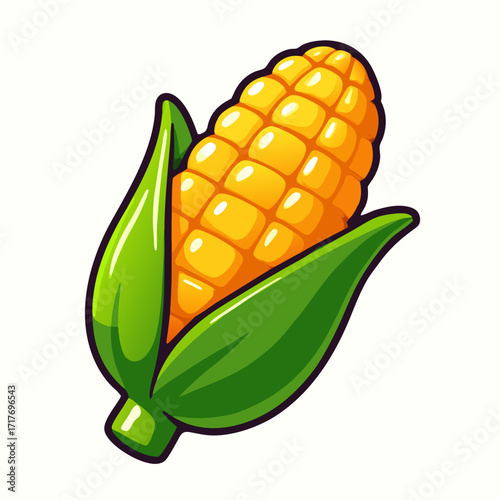 Close-up of a bright yellow corn cob with vibrant green leaves.