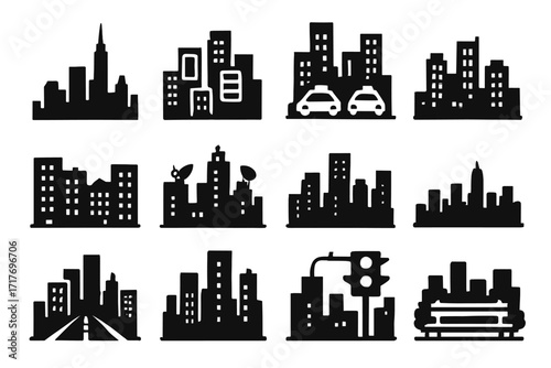 Taxis wide from lights vector skyline evening modern dishes bench city icon