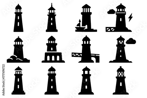 Lighthouse icons lightning boat vector rod shrouded slit lens collection icon classic