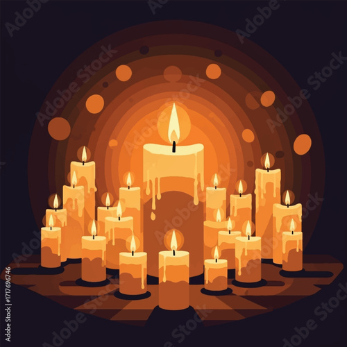 A collection of glowing candles illuminating a dark space, creating a warm and spiritual atmosphere with a large central flame.