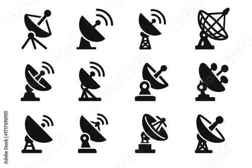 Vector icon dish broadcast industrial satellite icons rooftop array signal mesh