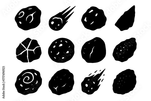 Icon streaking fragment surface tumbling set flake meteor vector shard chunk