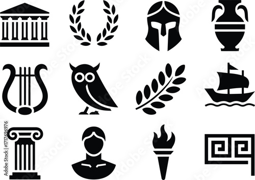 Ancient Greek Icons With Temple Laurel Helmet Amphora Lyre Owl Branch Ship Column building