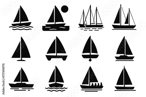 Modern boat shape vector waves sailboat silhouette icon rudder open sailing