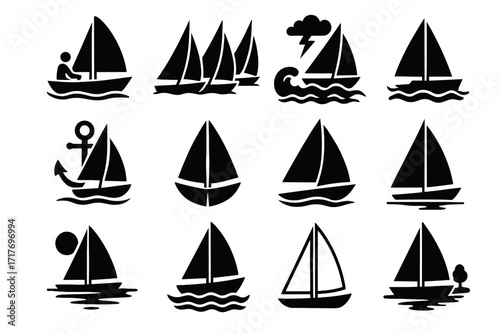 Above icon set stormy choppy sailboat solo horizon outline vector sails