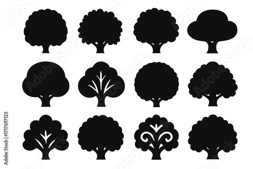 Decorative stylized perspective tree canopy botanical vector icon foliage jagged clump dense
