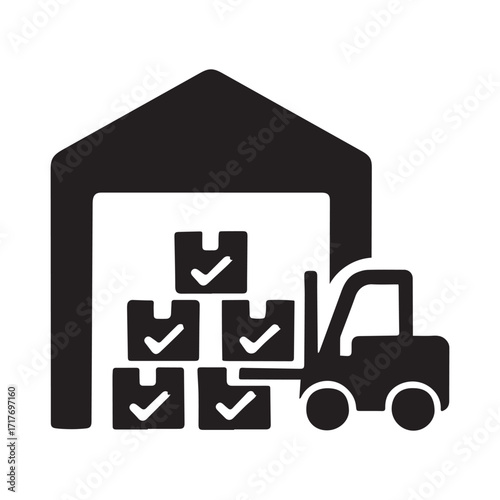 Warehouse forklift loading boxes with checkmarks for inventory management logistics and supply chain operations concept graphic