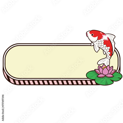 Beautiful koi fish with a lily pad on a long horizontal frame with blank space.