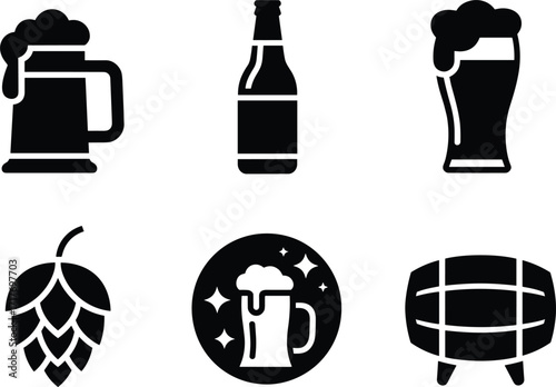 Beer and brewing icons in black and white silhouette beer mug beer bottle