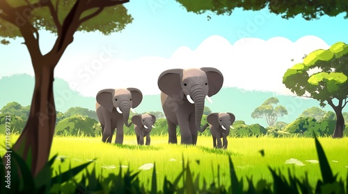 Family of elephants in a vibrant grassland under a bright sky