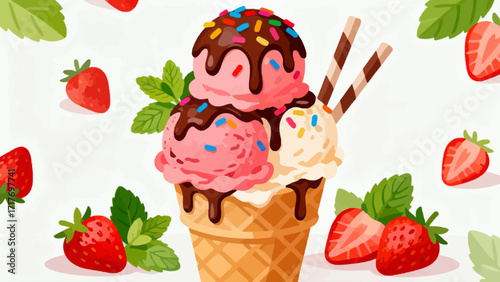 Ice cream desserts and delicacies, hand-drawn vector illustrations