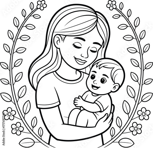 Loving mother embracing her happy baby surrounded by a decorative floral wreath in a charming line art illustration