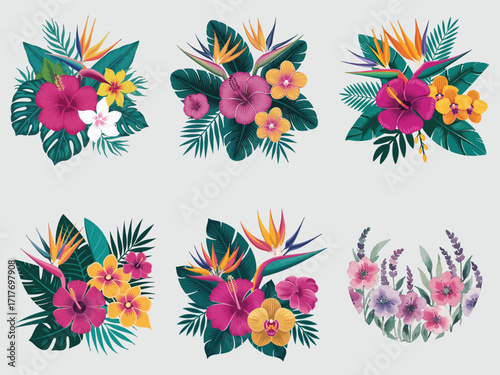 Vector art of tropical flower arrangement with vibrant colors