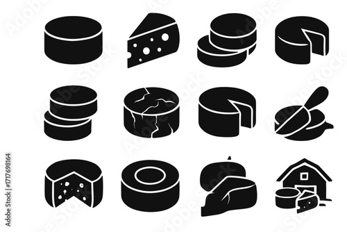 Display farmhouse icon rind knife collection wheel icons vector cheese wedge cut