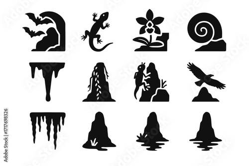 Icon moss vector insect karst near lizard from bats limestone icons tower