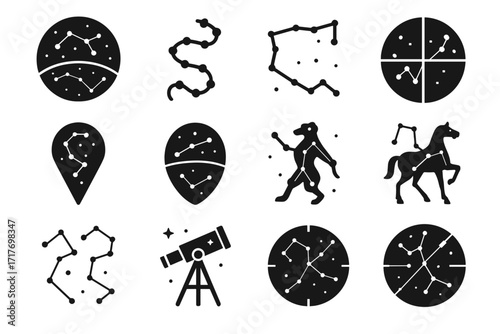 Constellations telescope myth markers set overlay star quadrant vector constellation icons icon