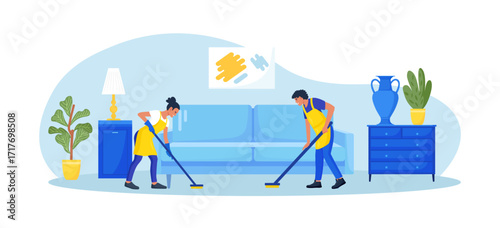 Cleaning service or company. People doing housework. Janitors in uniform washing floor at home. Professional hygiene service for domestic households. Cleaners tiding up apartment room making cleaning
