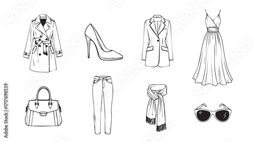 Fashionable clothing and accessories sketch collection outfit ensemble elements collection silhouette