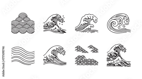 Collection of stylized ocean waves in dynamic sketchy linework for artistic design and nautical themes silhouette