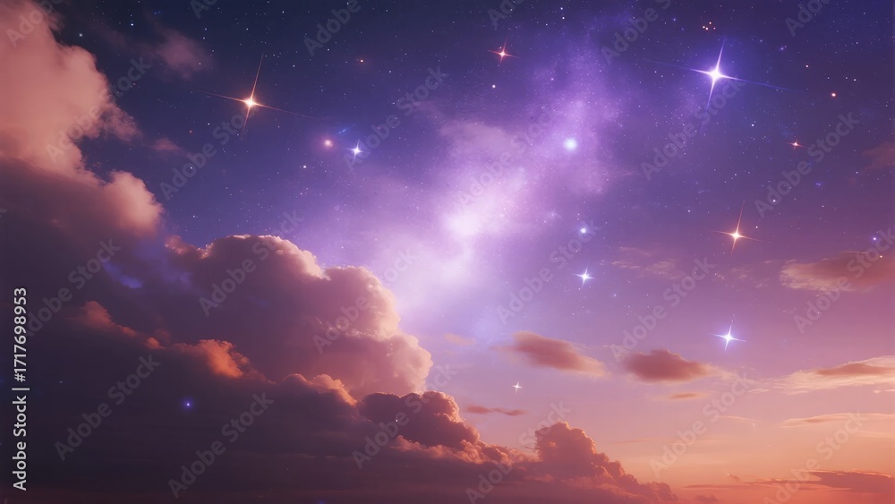 Fototapeta premium Starry night sky with vibrant purple nebula and glowing stars above colorful clouds at twilight