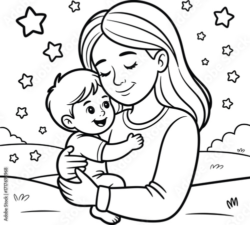 Sweet mother holding her adorable baby close under a starry night sky illustration