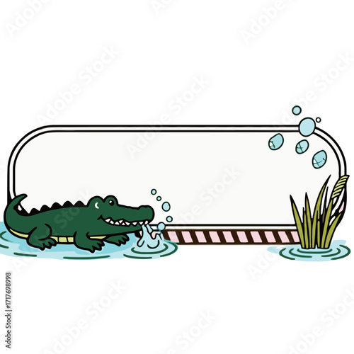 Cute cartoon crocodile in the water with bubbles and reeds and a blank text box, suitable for aquatic-themed projects and labels.