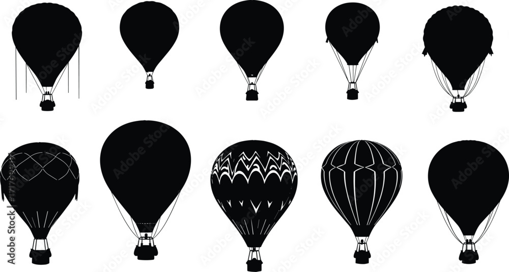Tableau sur toile Hot air balloon silhouettes, black vector icons, travel adventure design, festiv