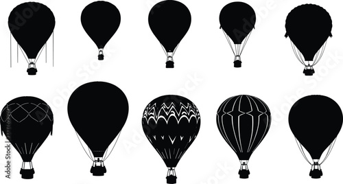Hot air balloon silhouettes, black vector icons, travel adventure design, festival flight illustration, tourism pattern, sky journey art, flying aerostat shapes