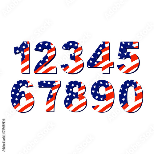 Patriotic American flag numbers 1 through 0 for Fourth of July celebrations, dynamic design for Independence Day projects, vibrant, and festive