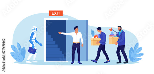 Artificial Intelligence AI robot is replacing humans. People is fired. Unemployment, job loss due to technological progress, layoffs. Robotics industry. Automated labor. Robotic Process Automation