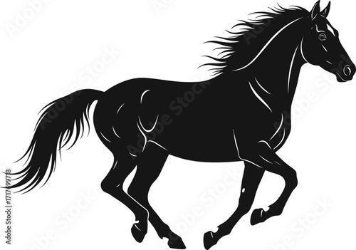 Black horse silhouette, galloping animal vector, running horse clipart, equestrian motion graphic, wild stallion icon, dynamic pose, stock illustration