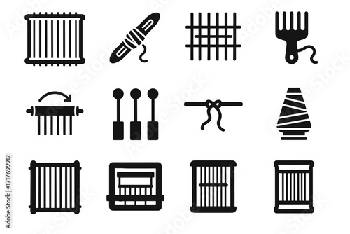 Loom weaving fork icon warp tie edges dowels vector beam rectangular