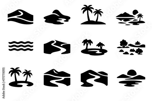 Trees bend oasis layered vector trio valley meadow icons contrast near palm