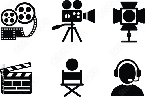 Film Production Icons With Camera Reel Clapperboard Director Chair And Spotlight movie cinema