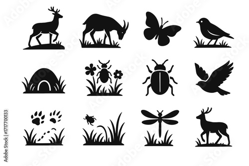 Tracks combo silhouette icon grass wildlife bird vector icons mound meadow beetle