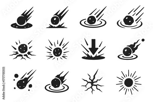 Meteor impact explosion cracked vector space icon ring ground from icons