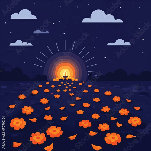A path of marigold flowers leading to a glowing diya lamp under a starry night sky.
