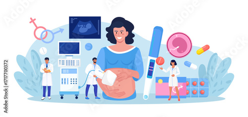 Ultrasound pregnancy screening. Embryo baby health diagnostic. Ultrasonography. Doctor making scan pregnant woman with ultrasound machine in hospital.Gynecologist doing belly sonography. Medical test