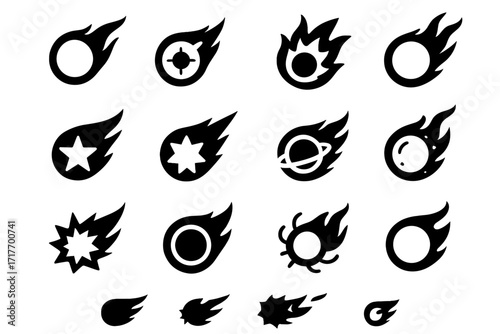 Dynamic wavy nucleus comet icons outline core icon energetic center charged vector