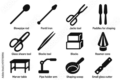 Icon tool glassblowing glass paddles icons rod shaping pipe shears blocks vector