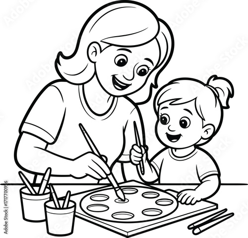 Happy mother and daughter happily painting together at a table with art supplies and colorful paints