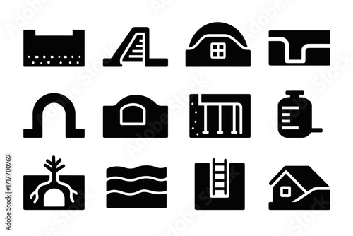 Vector storage structures basement wall emergency icons entrance shelter layered icon underground