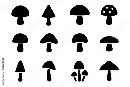 Sharp tiny icon flat tilted slim cap vector silhouette mushroom grouped upright