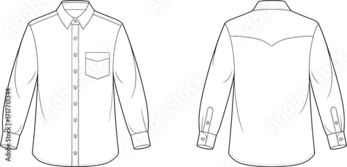 Long sleeve shirt front and back technical drawing, fashion flat sketch, button down shirt design, apparel template, clothing vector illustration