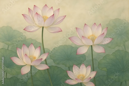 Lotus Flowers in Bloom with Green Leaves on Soft Pastel Background