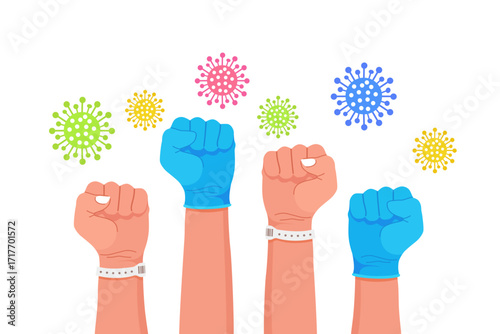 Raised clenched fist of patients and medical workers. Нuman hands in blue protective medical gloves. Super hero doctors and nurses. Fight coronavirus together